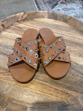 Tan Leather Slide Sandals with Multicolor Gem Accents
